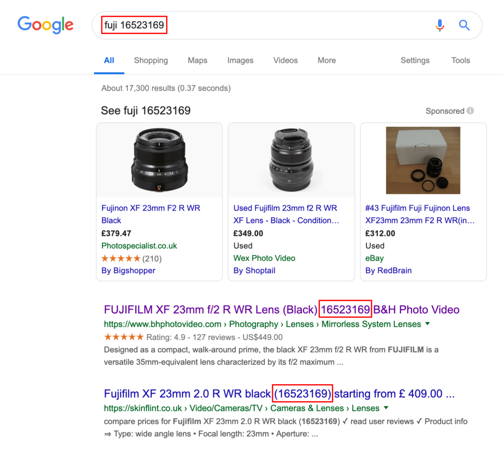 SKU in google search result